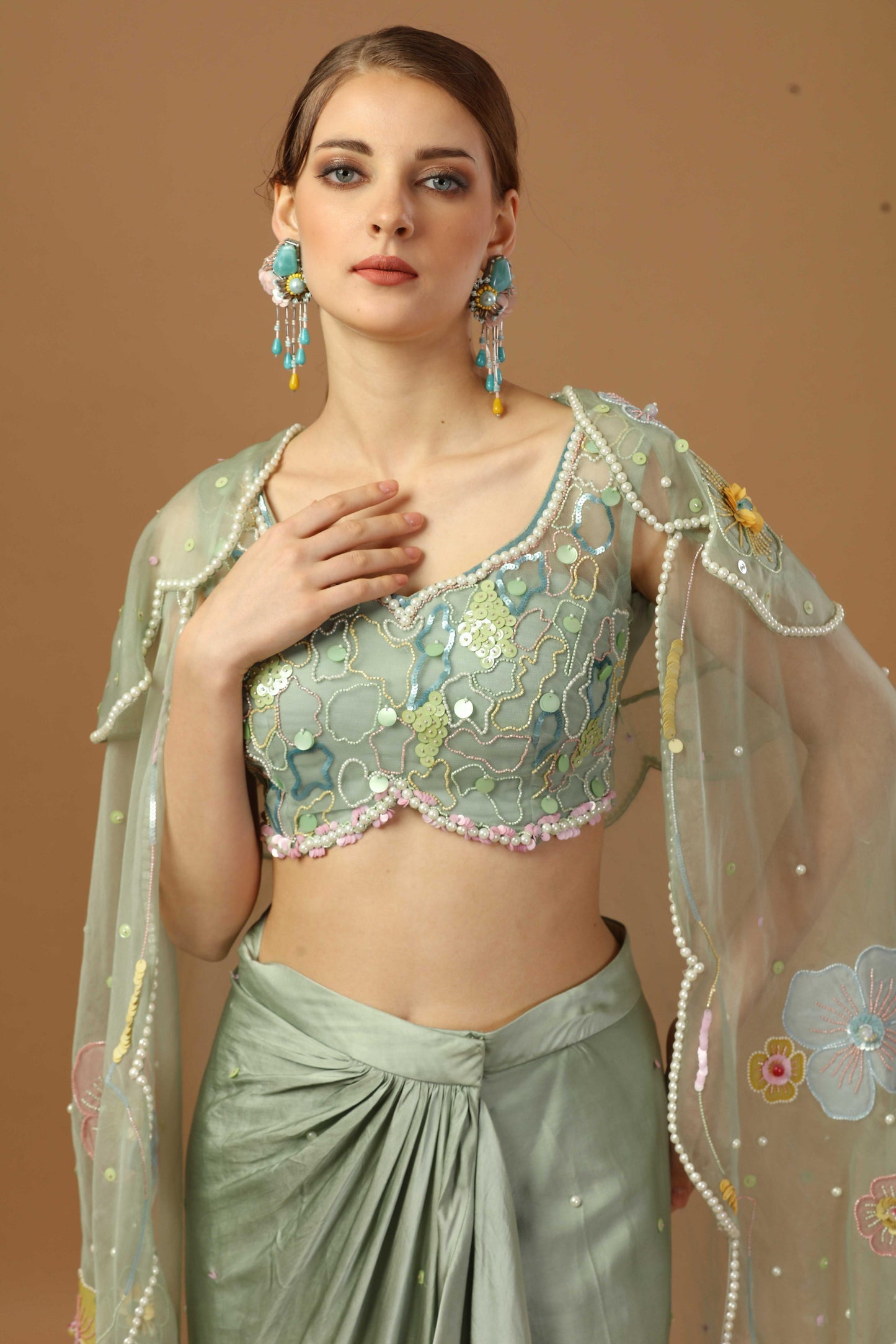 Drape Ruffle skirt with blouse and shrug