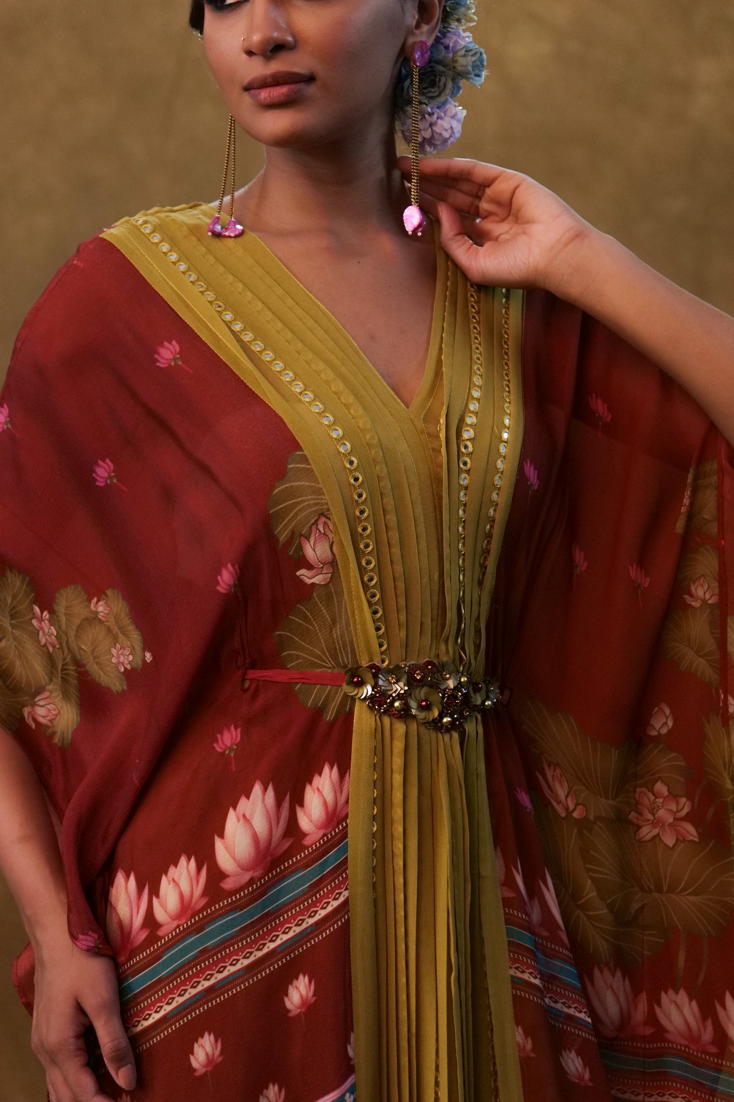 Maroon printed kaftan with pants and a separate inner
