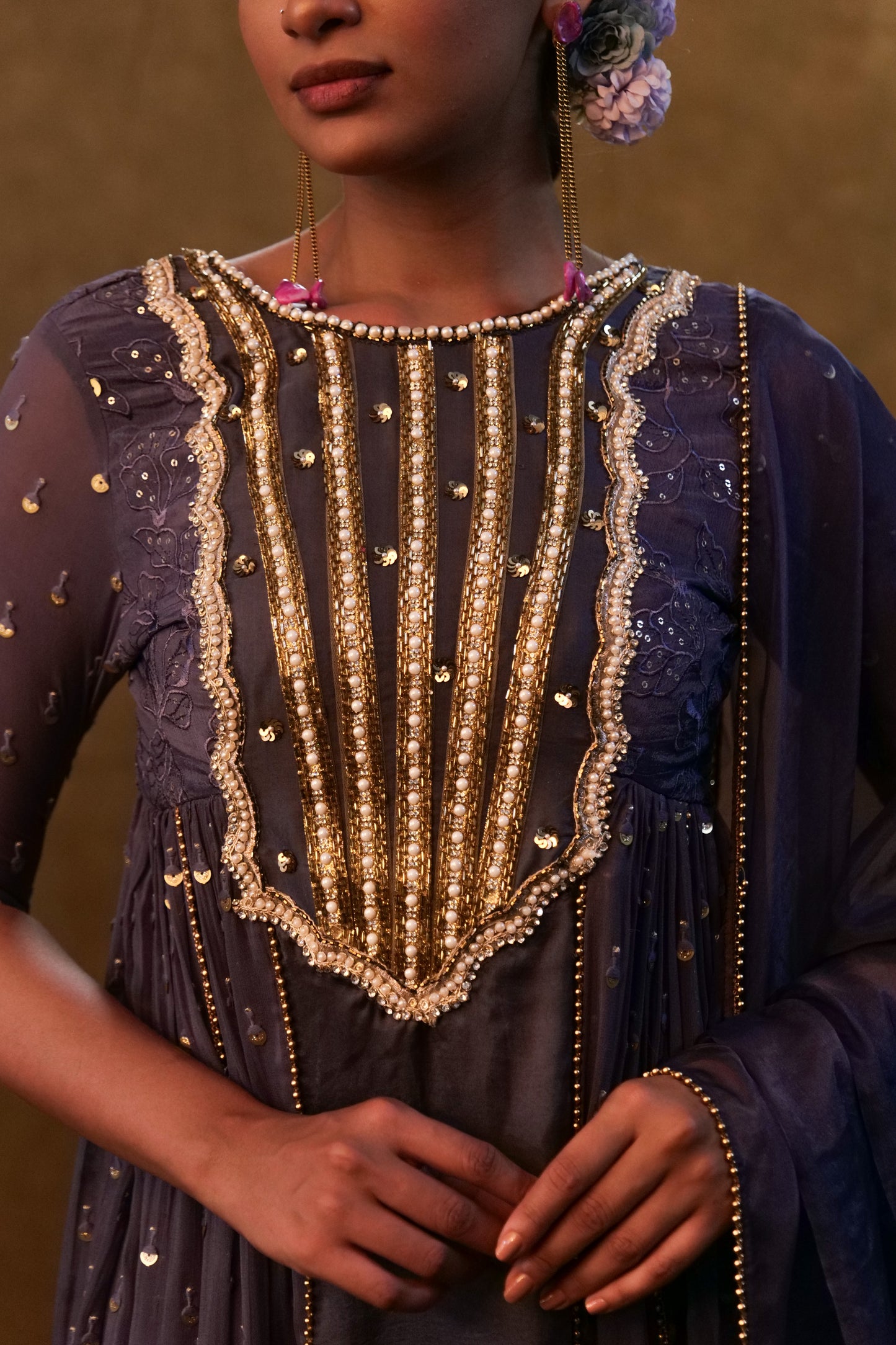 Charcoal Blue Anarkali Suit Paired with Dupatta and Drape Pants