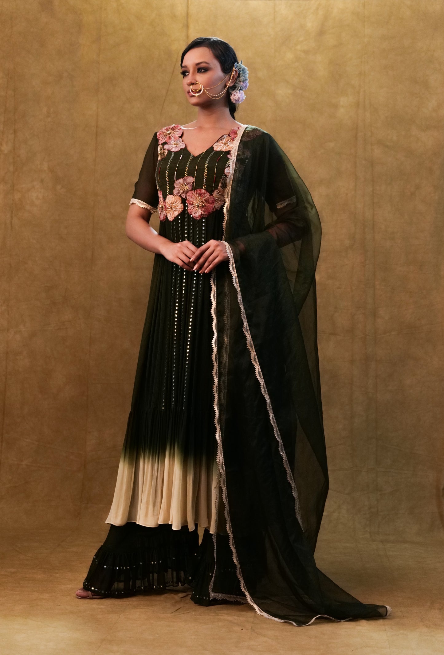 Green shaded Anarkali set paired with dupatta and pants