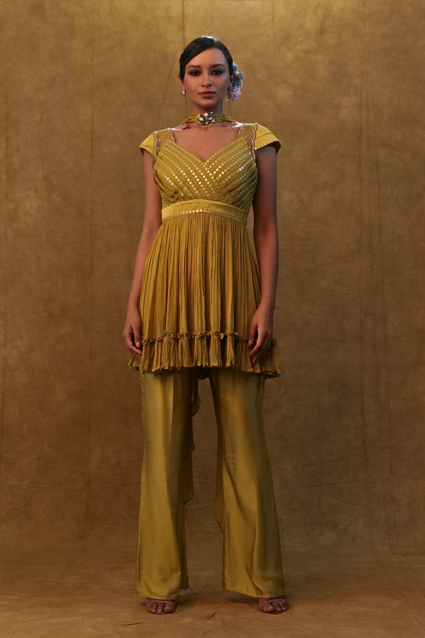 Olive peplum set paired with pants and a neck dupatta