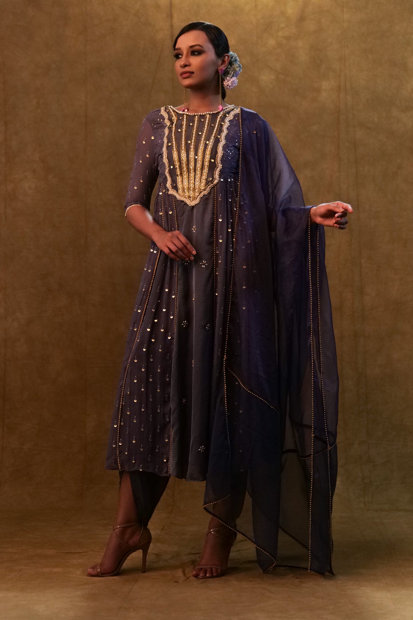 Charcoal Blue Anarkali Suit Paired with Dupatta and Drape Pants