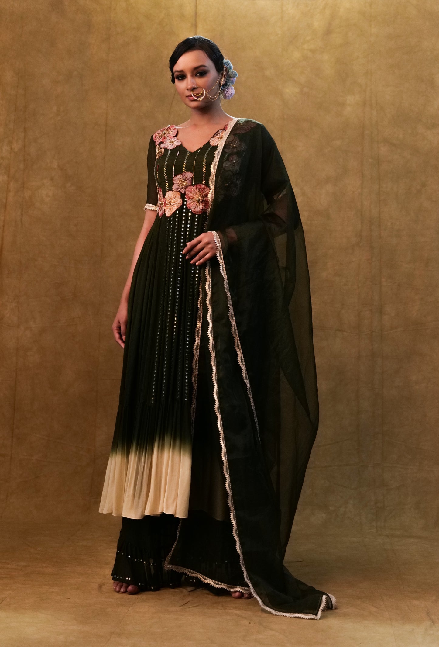 Green shaded Anarkali set paired with dupatta and pants