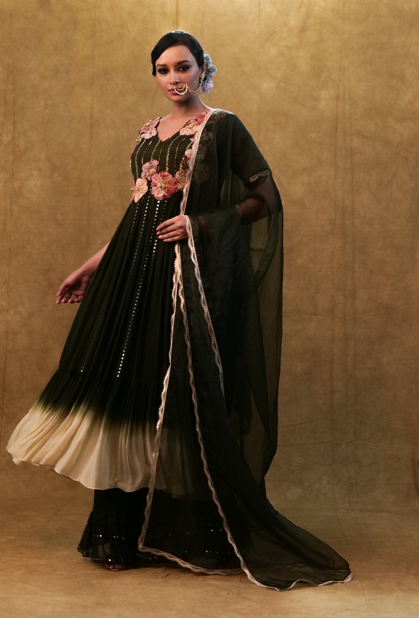 Green shaded Anarkali set paired with dupatta and pants