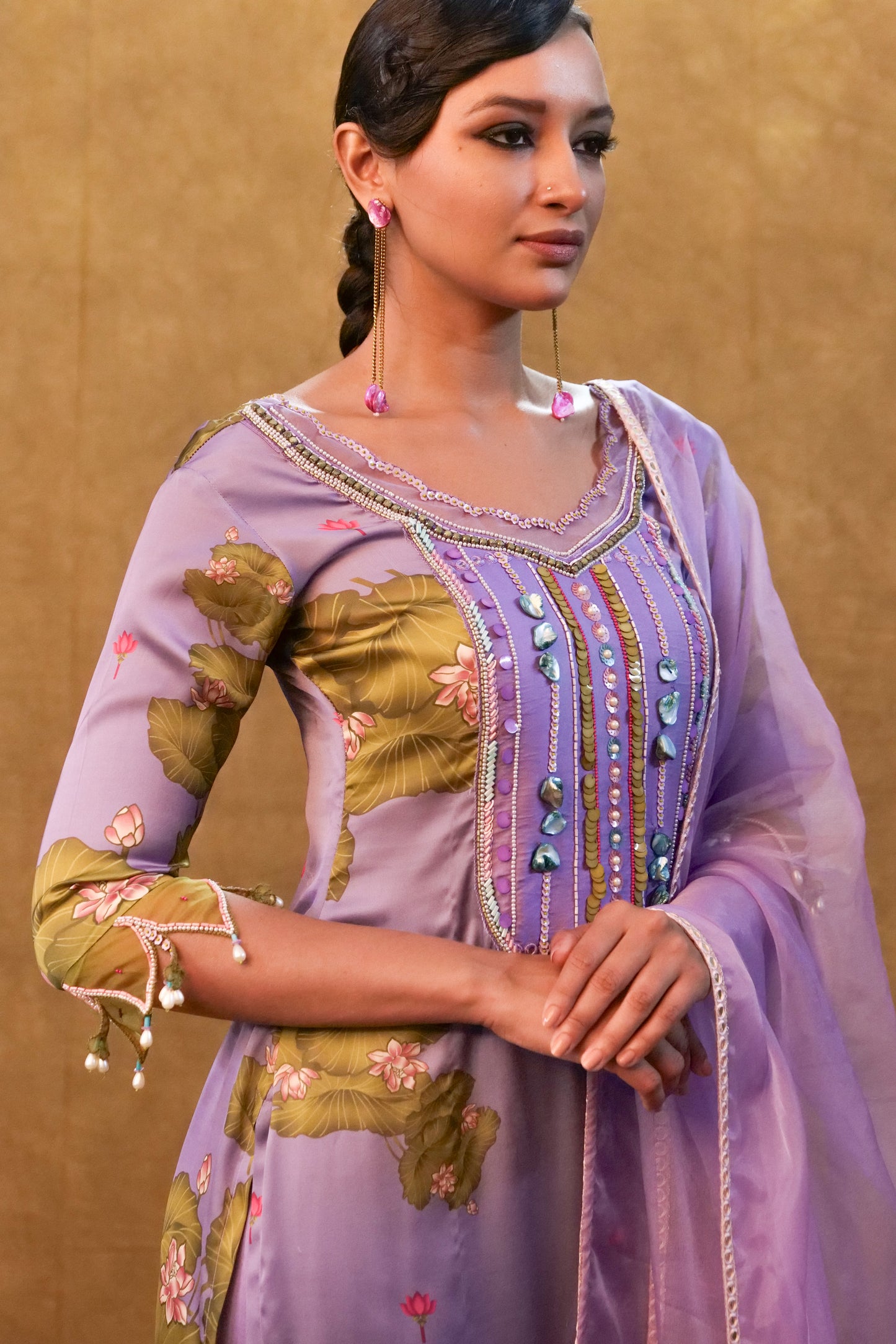 Lavender printed kurta set paired with organza dupatta and flared pants