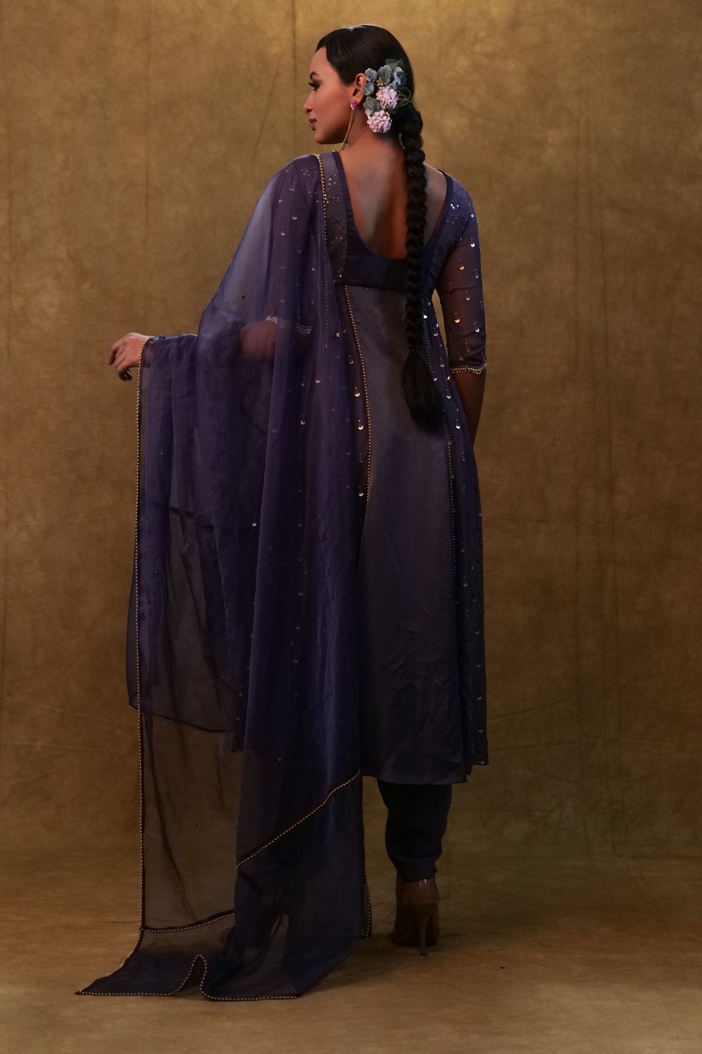 Charcoal Blue Anarkali Suit Paired with Dupatta and Drape Pants