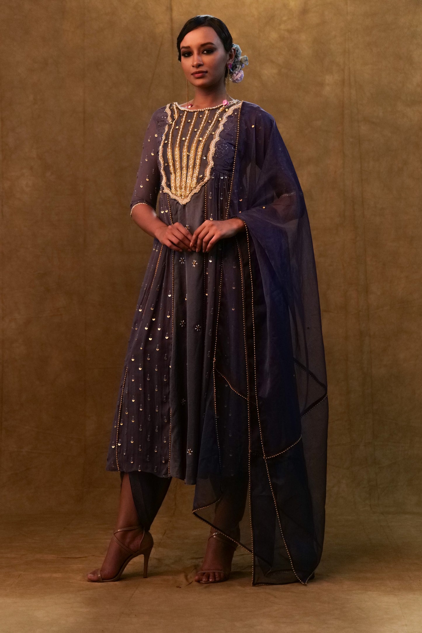 Charcoal Blue Anarkali Suit Paired with Dupatta and Drape Pants