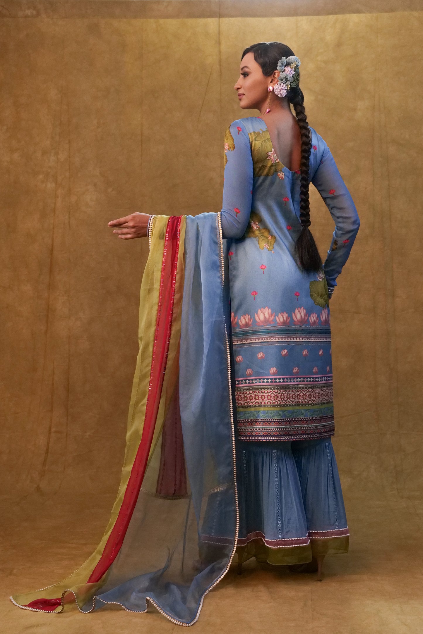 Ocean blue printed kurta set paired with color block dupatta and flared pants