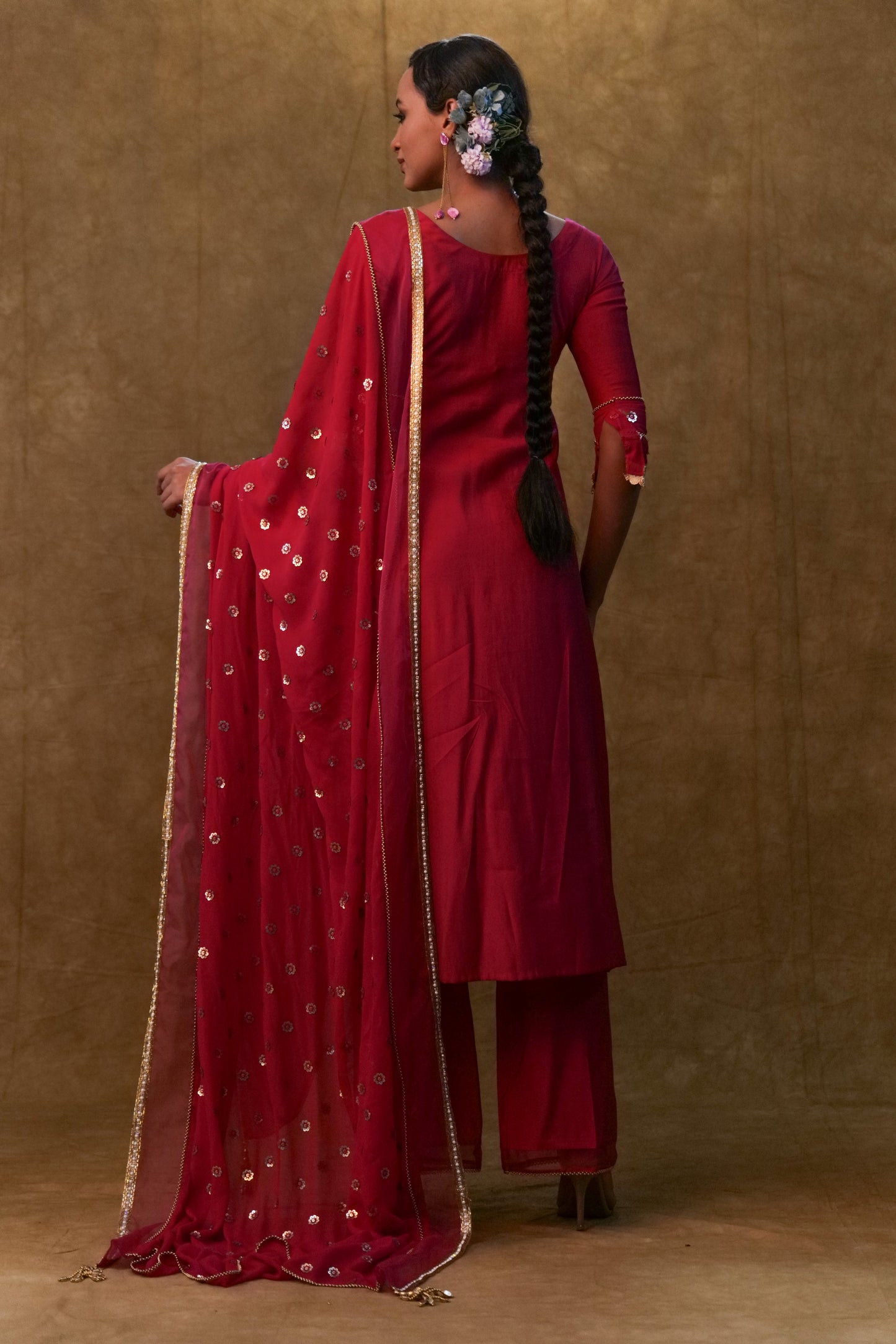 Hot pink kurta set paired with sequin embroidery dupatta and pants