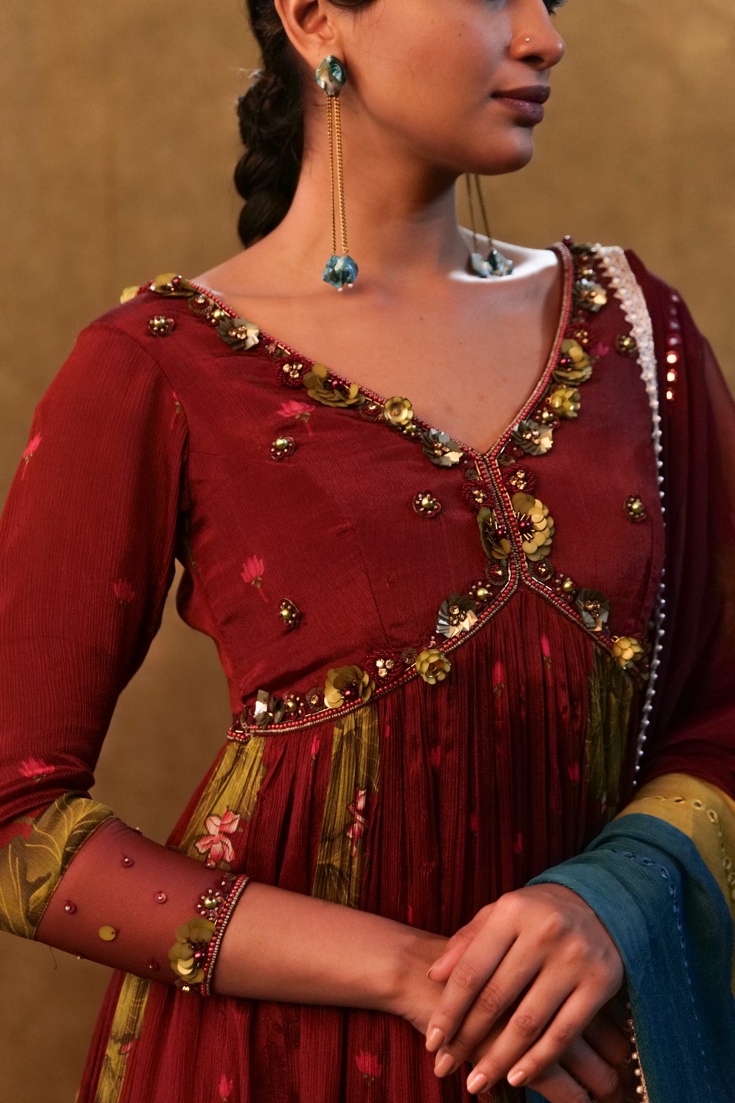 Maroon printed Anarkali paired with skirt and dupatta
