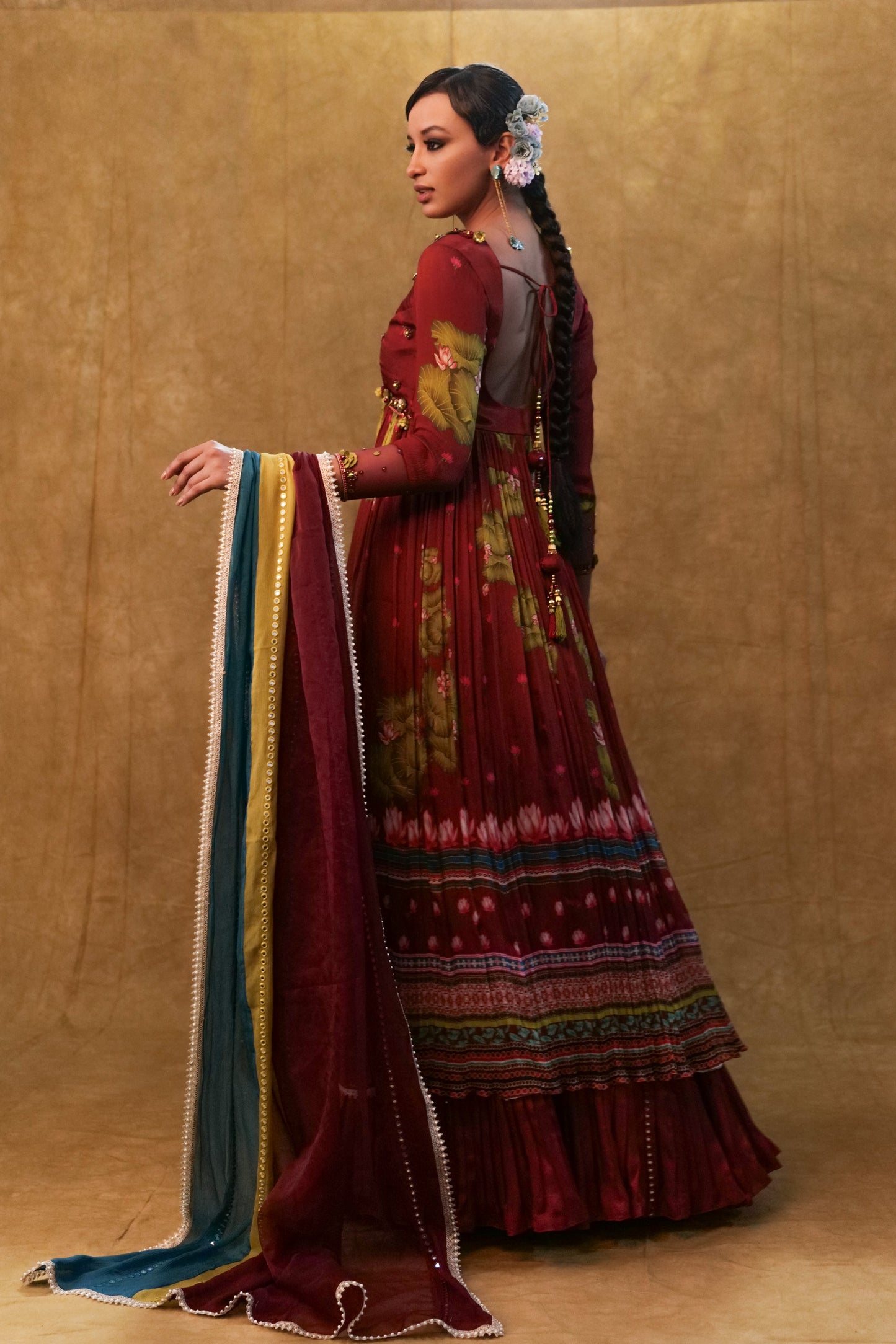 Maroon printed Anarkali paired with skirt and dupatta