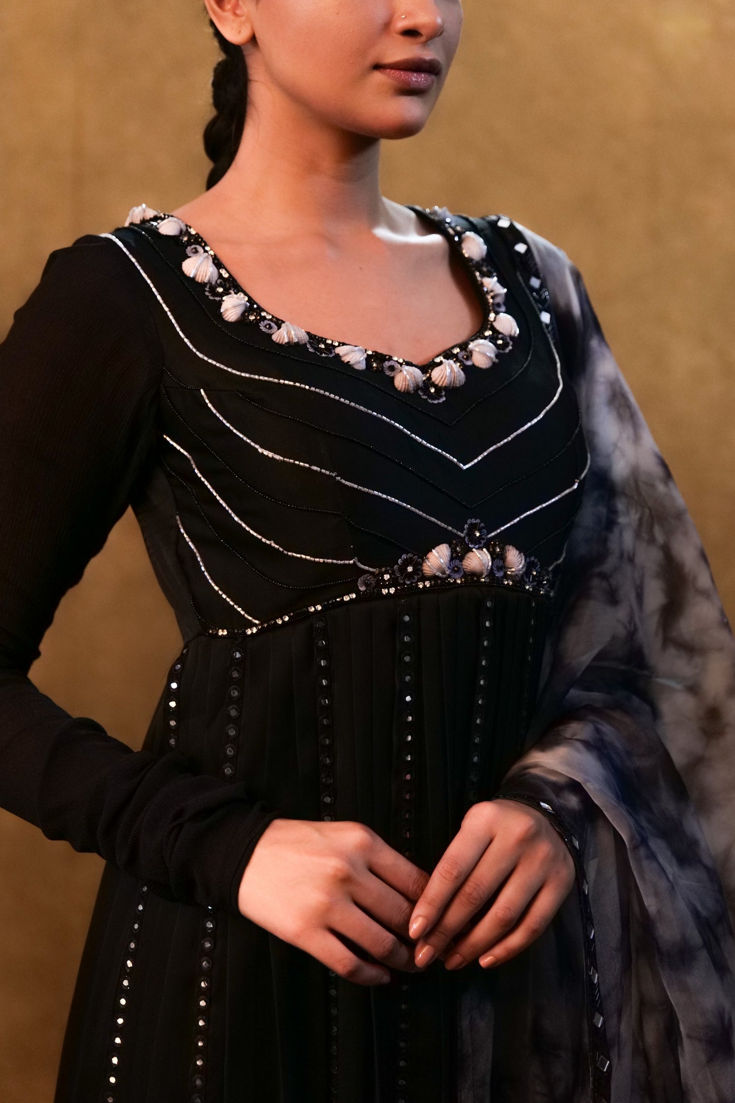 Black Anarkali paired with tie- dye dupatta and flared pants
