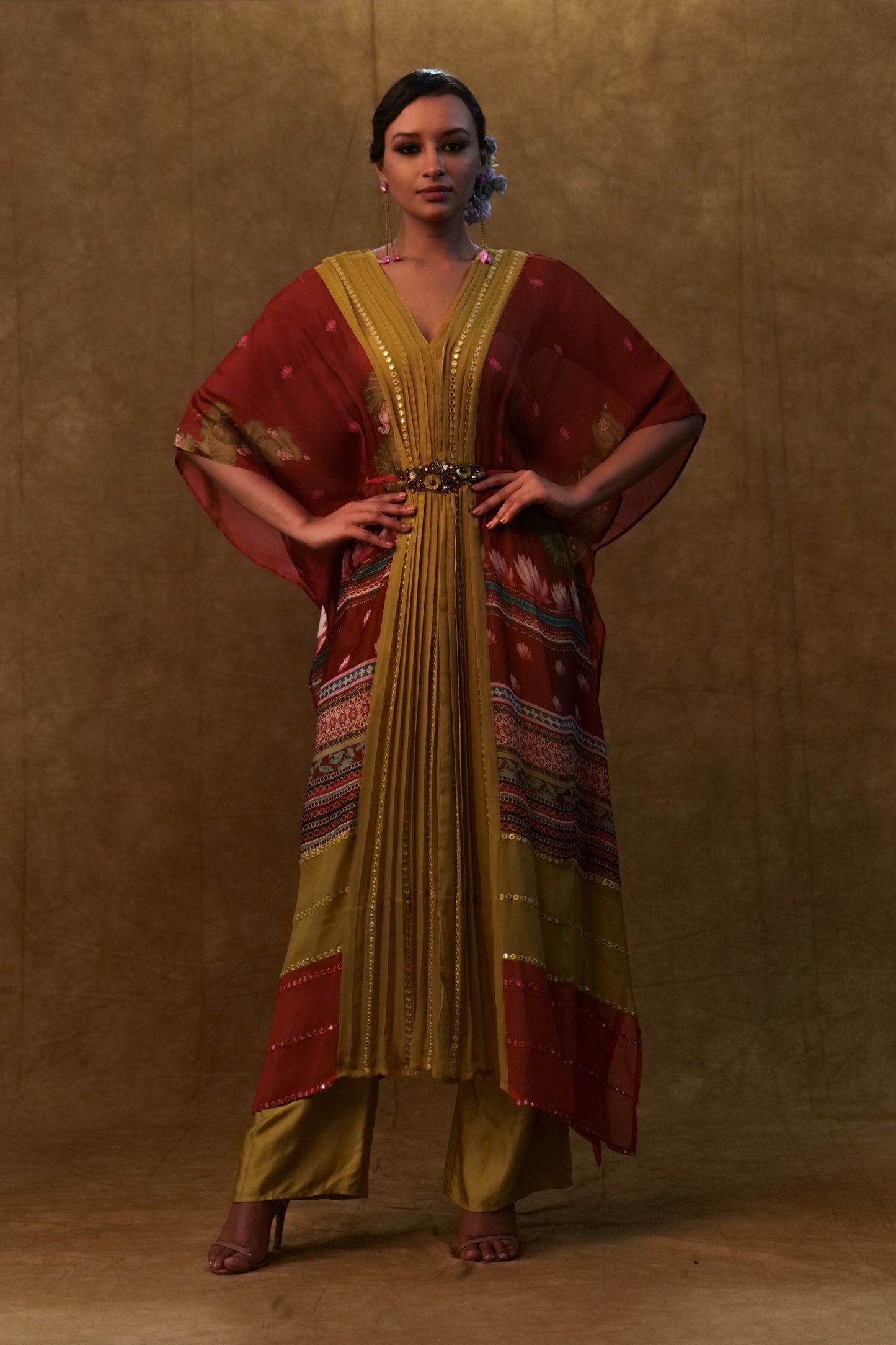 Maroon printed kaftan with pants and a separate inner