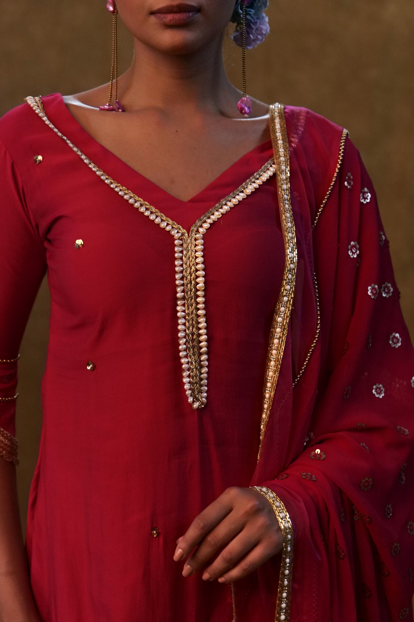 Hot pink kurta set paired with sequin embroidery dupatta and pants