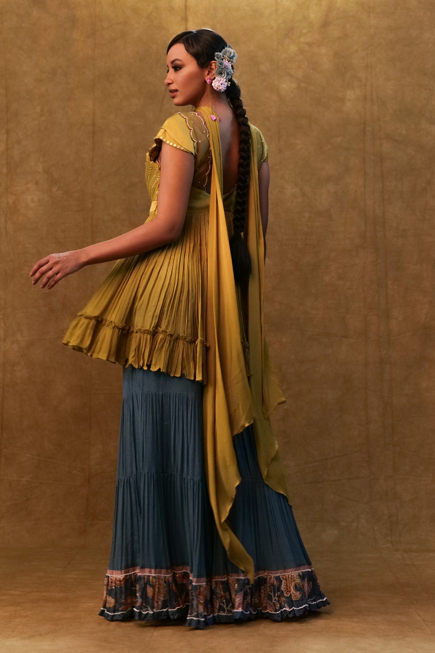 Sharara set paired with flared top and neck dupatta