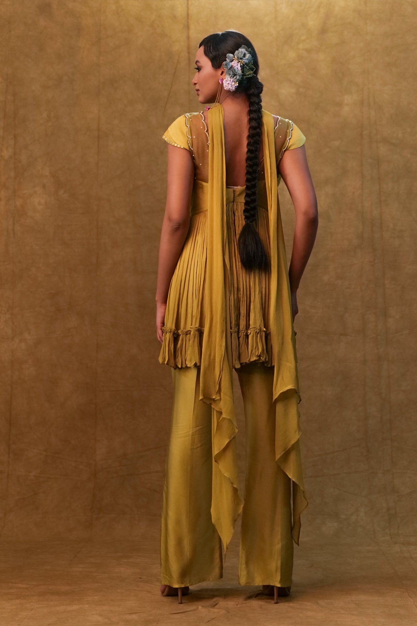 Olive peplum set paired with pants and a neck dupatta