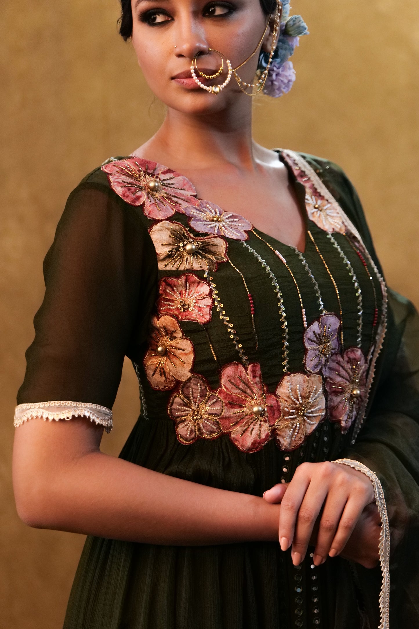 Green shaded Anarkali set paired with dupatta and pants