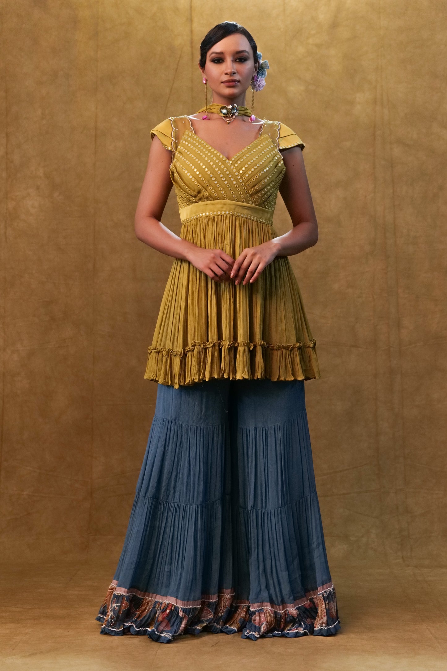Sharara set paired with flared top and neck dupatta