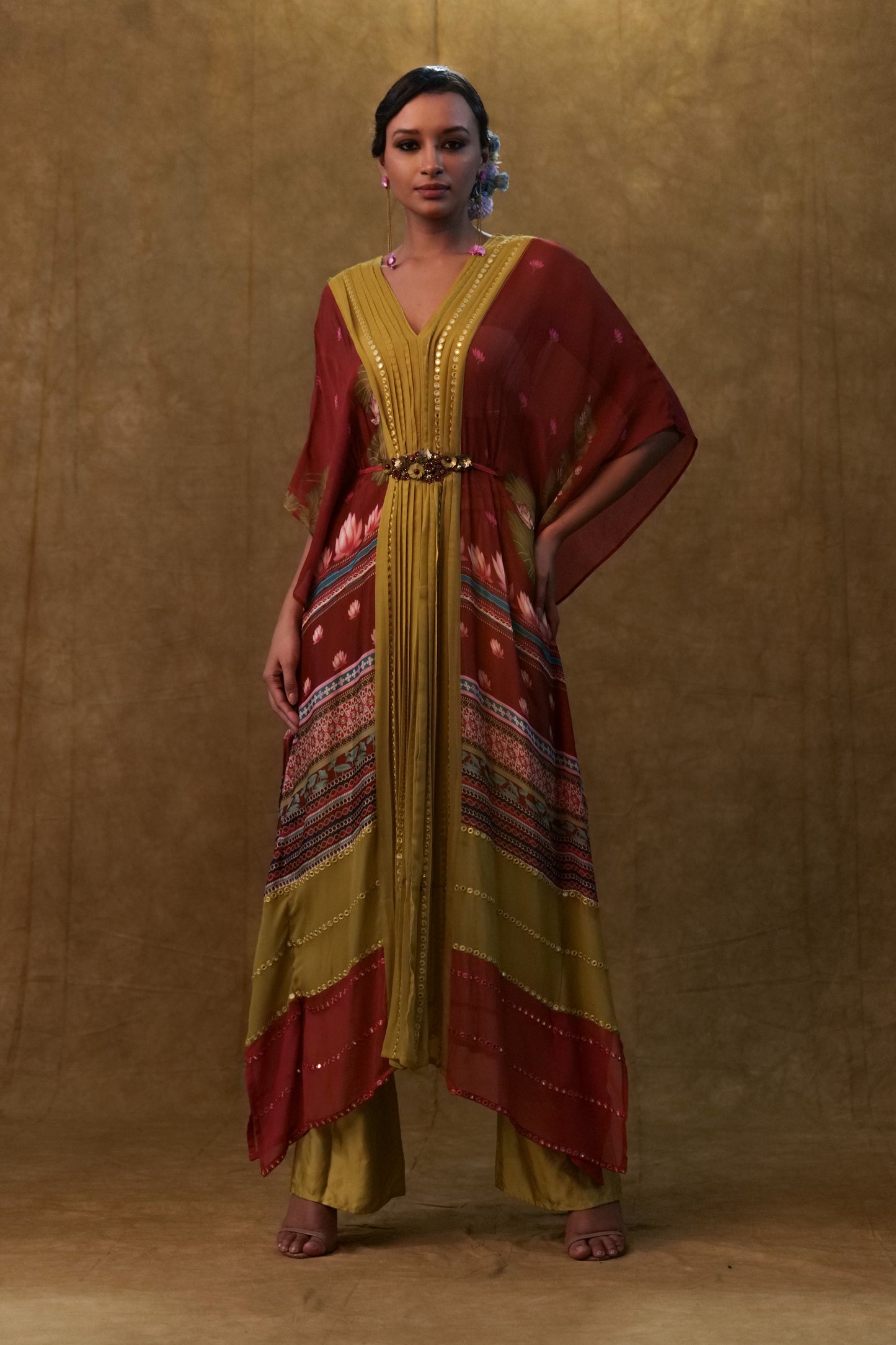 Maroon printed kaftan with pants and a separate inner