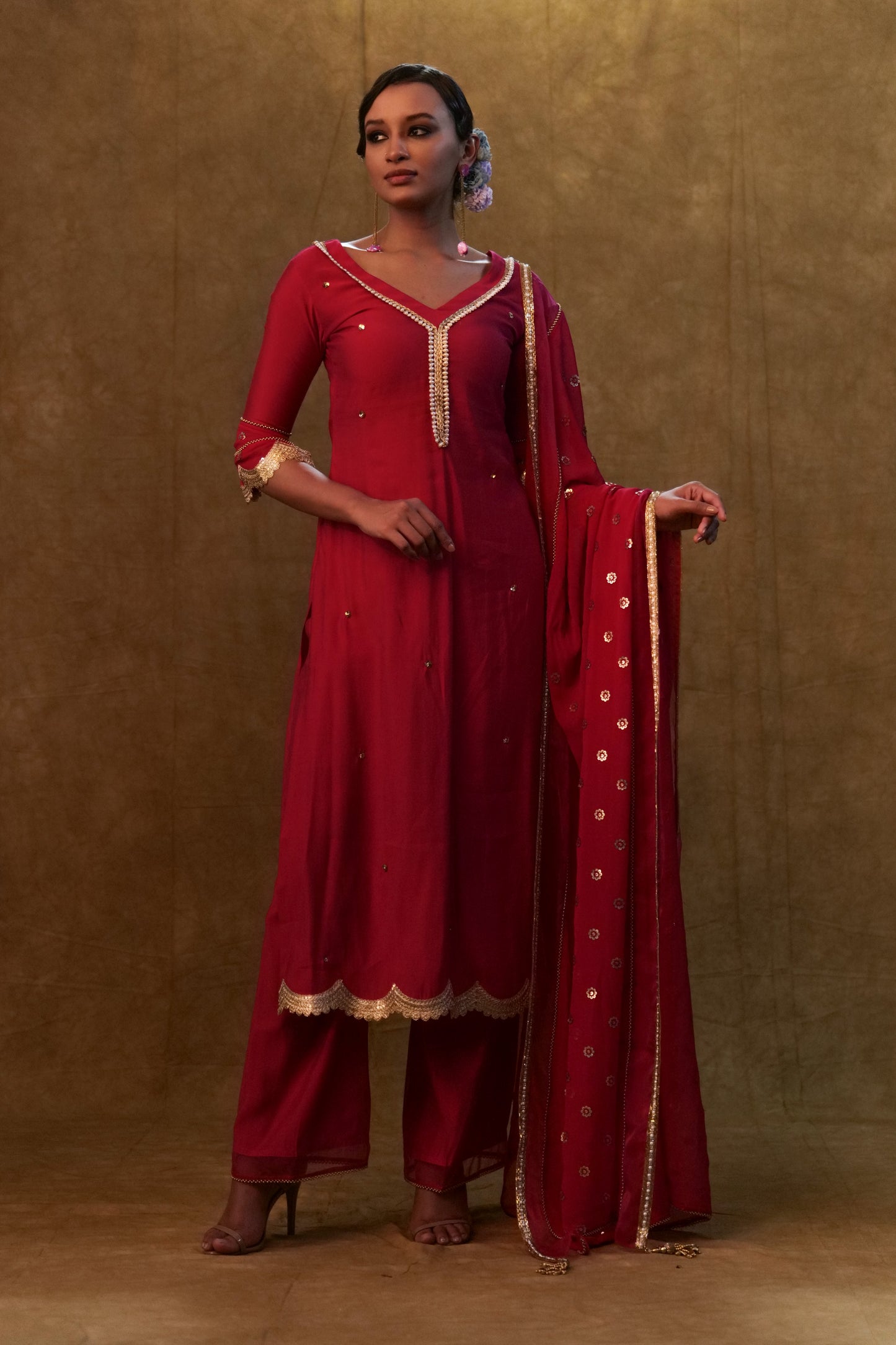 Hot pink kurta set paired with sequin embroidery dupatta and pants