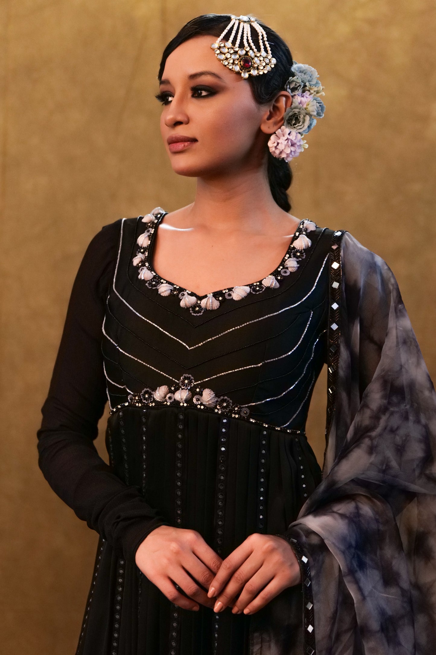 Black Anarkali paired with tie- dye dupatta and flared pants