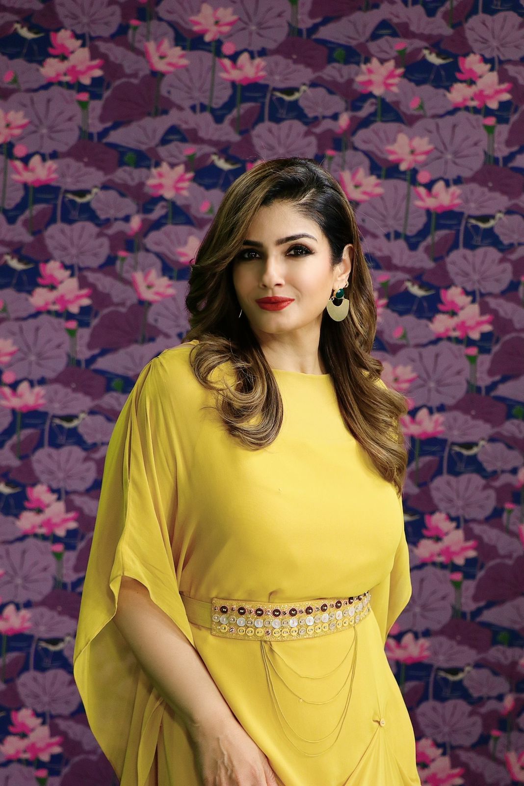 Mustard shaded kaftaan dress with button embroidery at belt