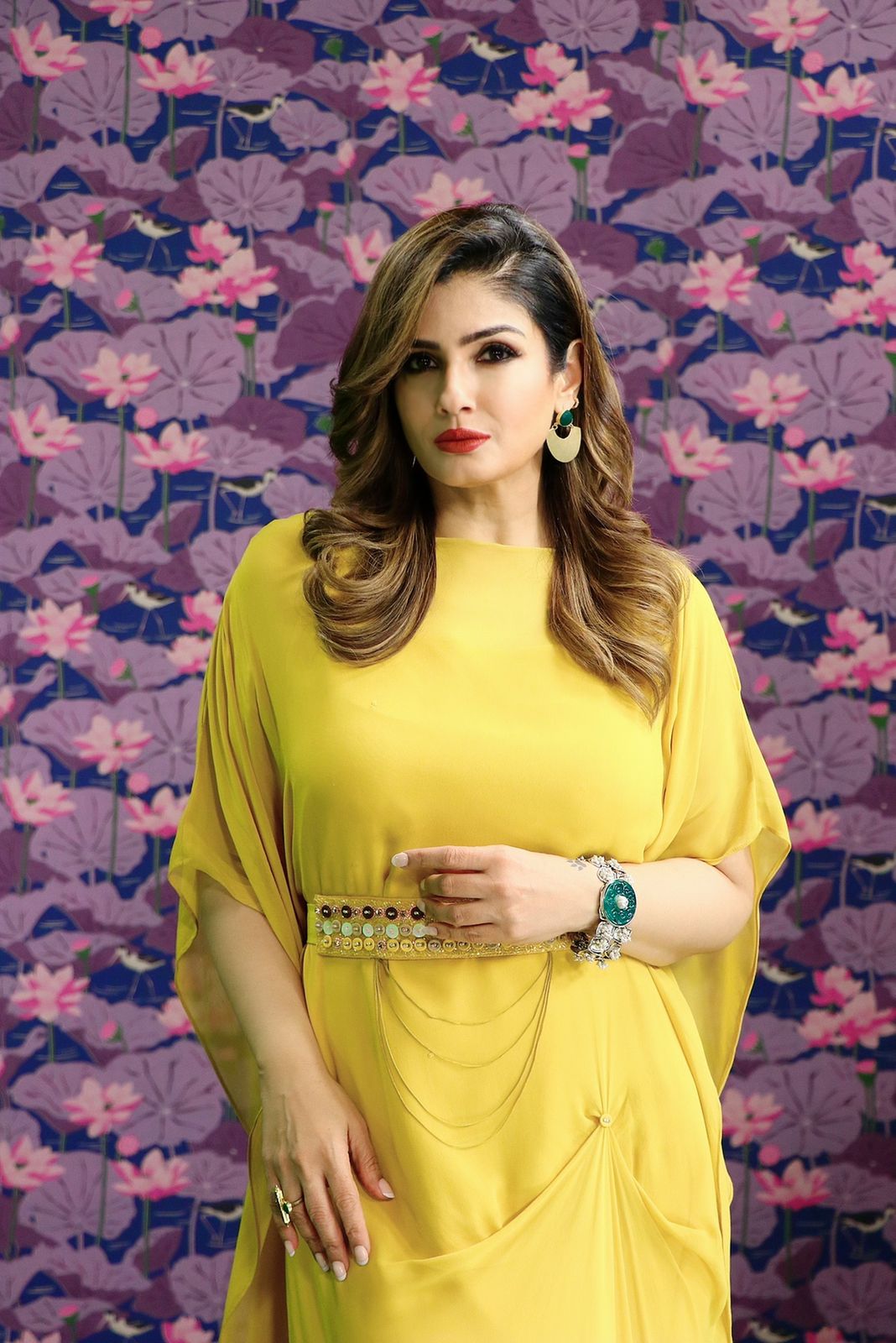 Mustard shaded kaftaan dress with button embroidery at belt