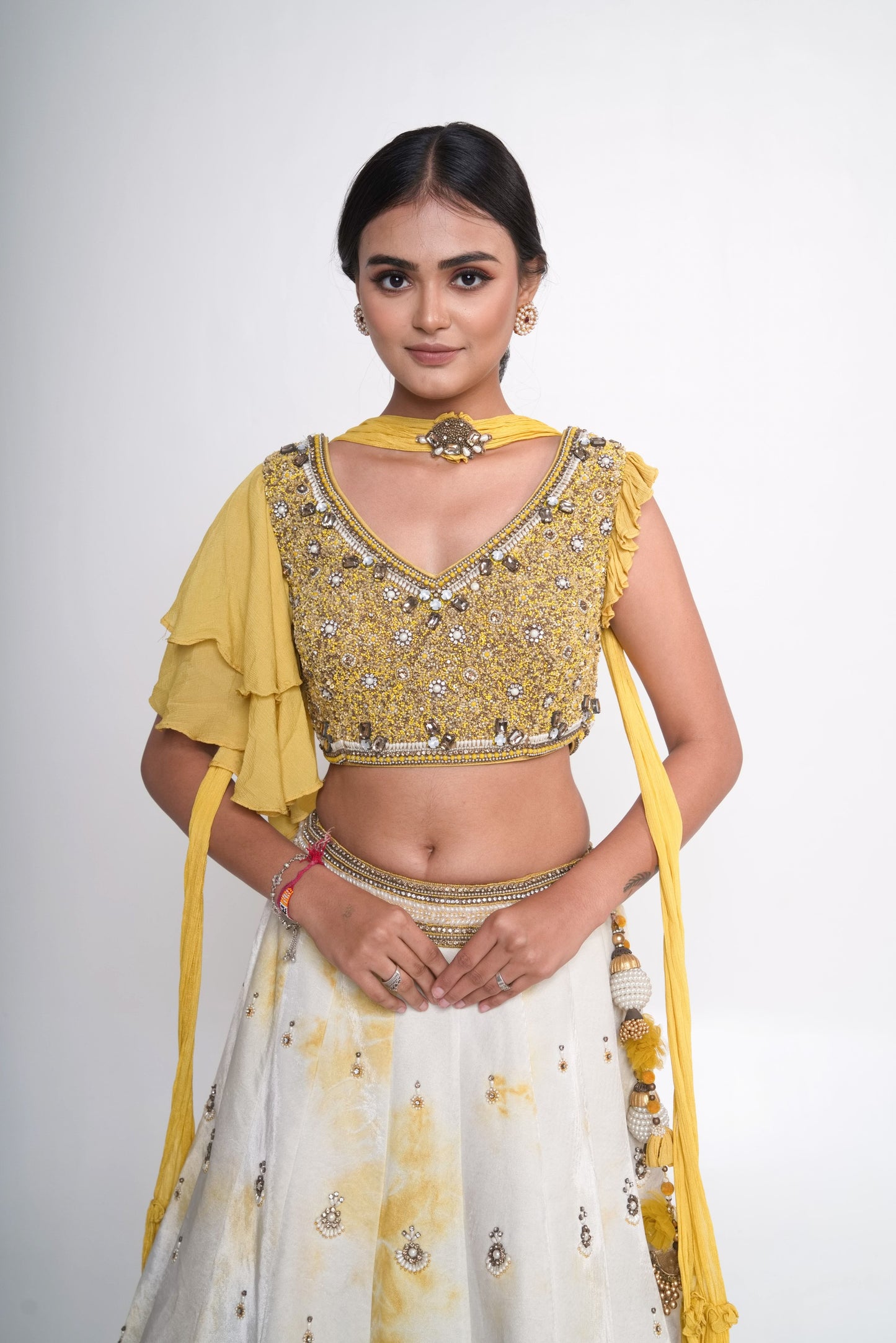 Yellow tye dye velvet lehenga set