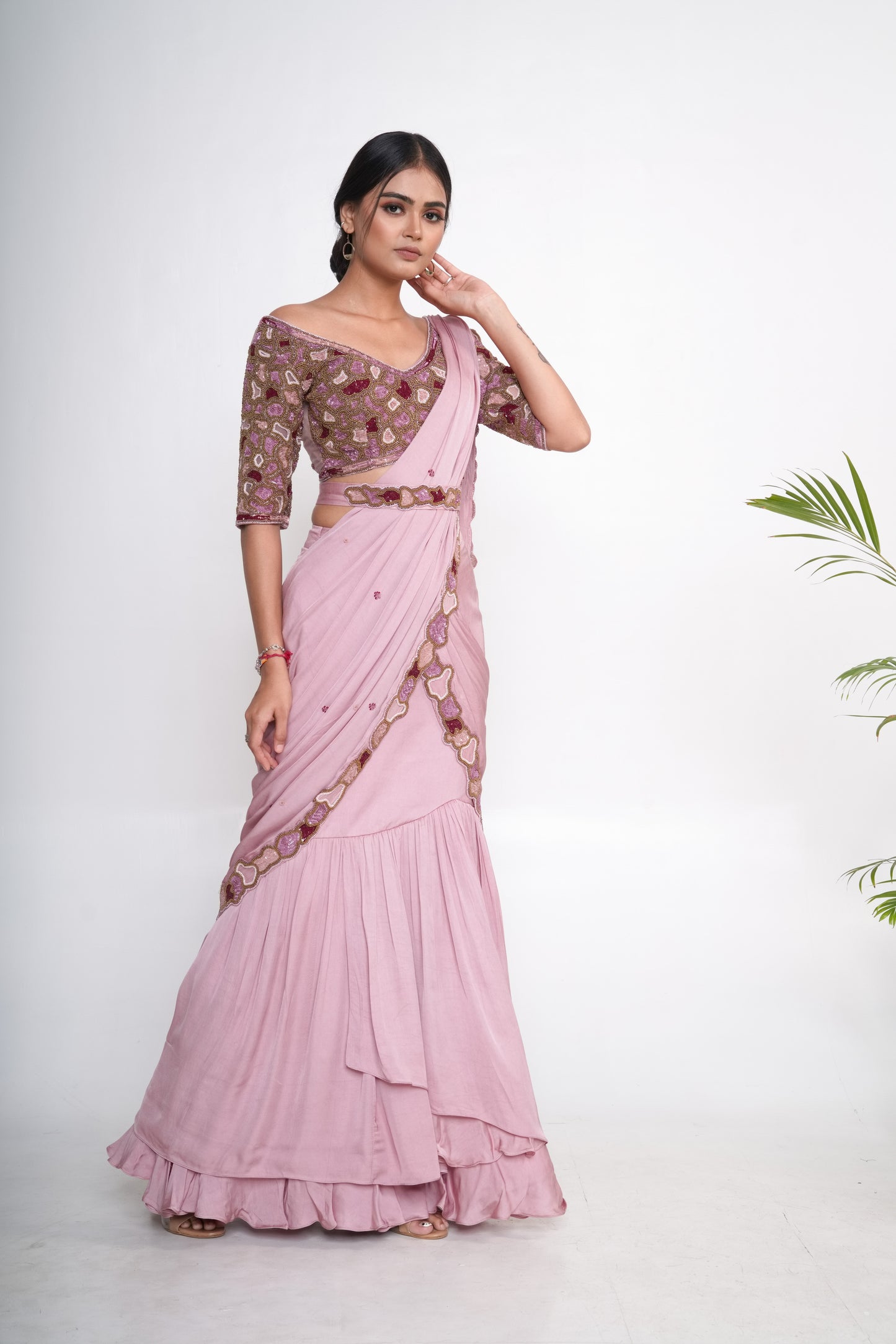 Lavender pre-draped lehenga saree with belt