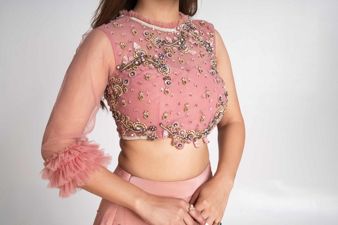 Pink layered lehenga set with pre drape net dupatta