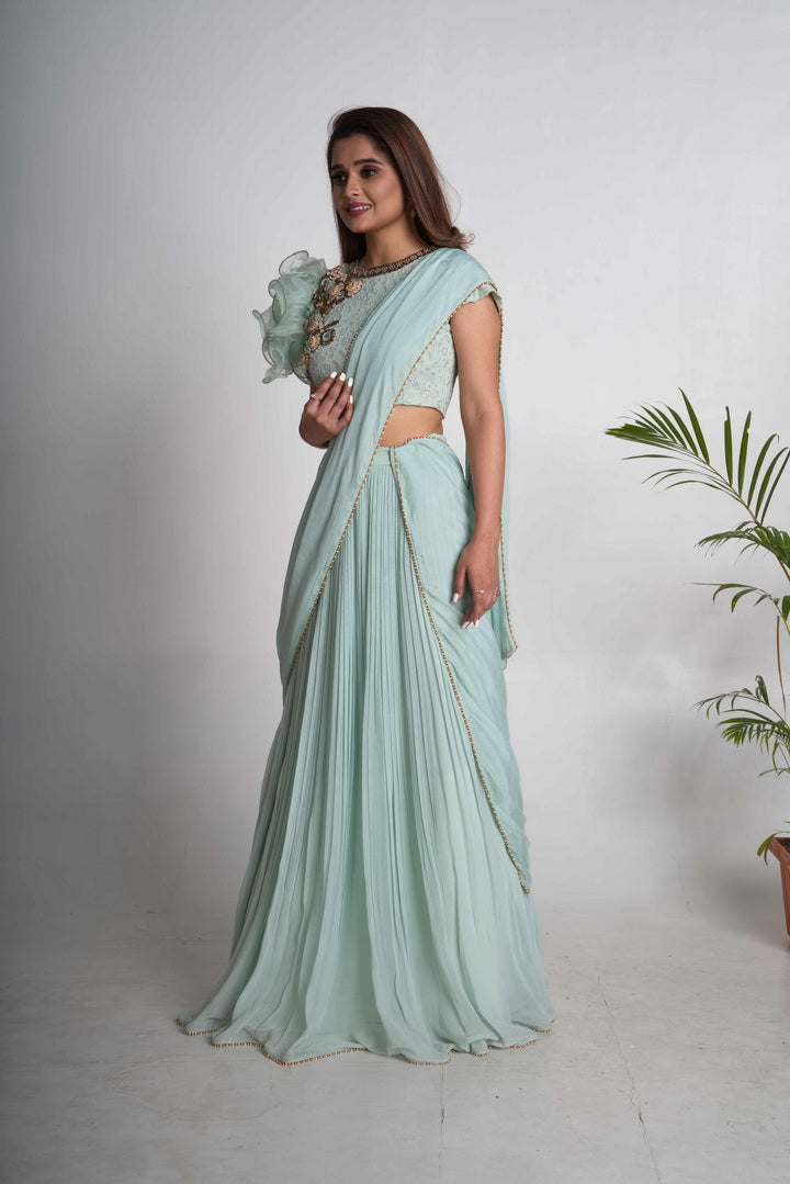 Aqua pleated lehenga saree set