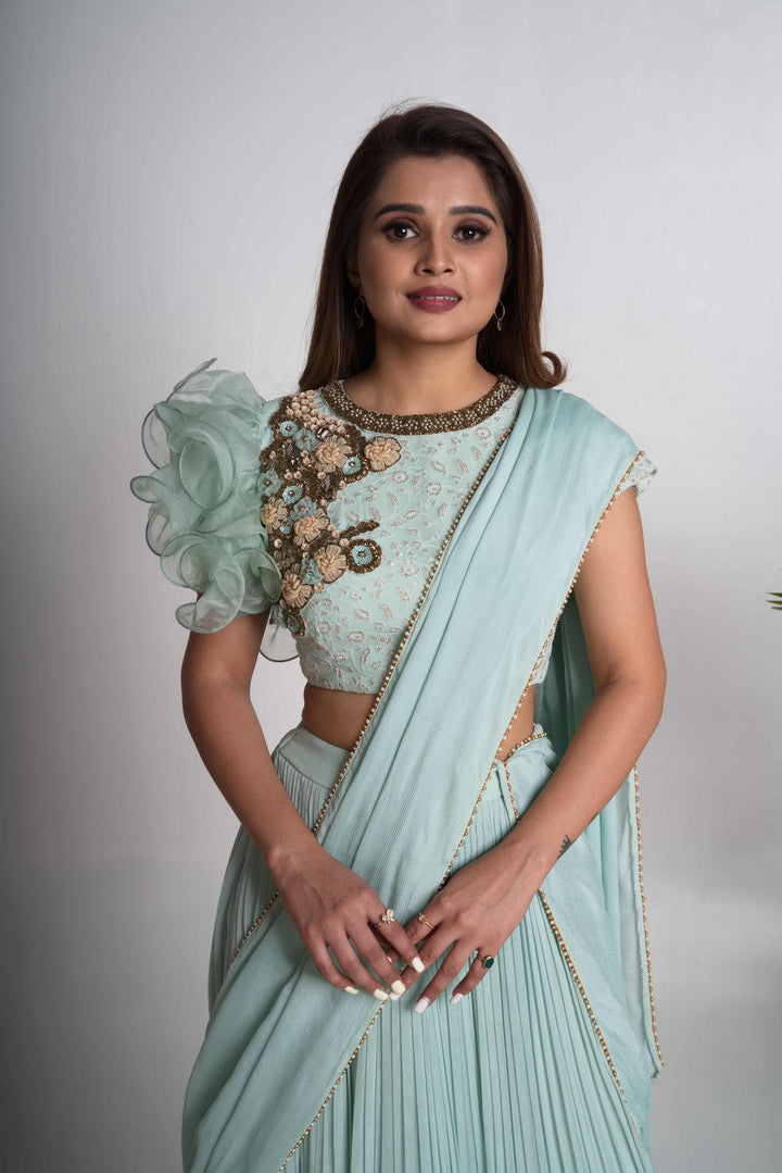 Aqua pleated lehenga saree set