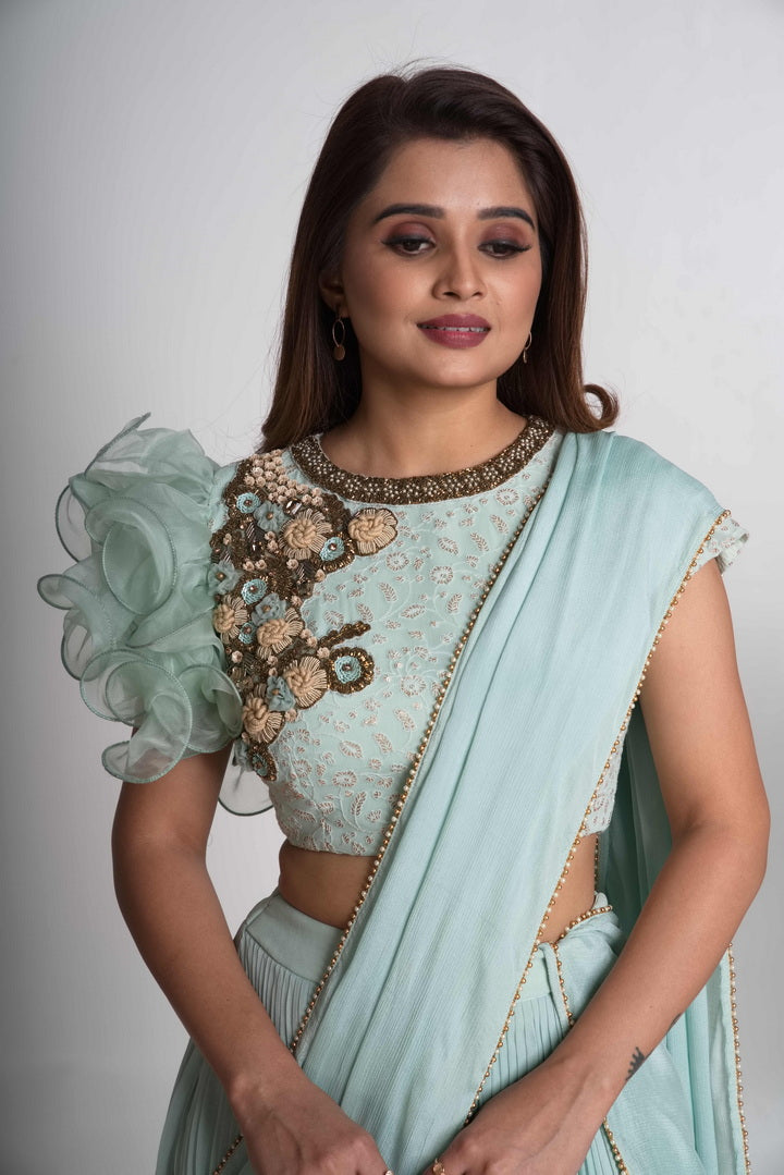 Aqua pleated lehenga saree set