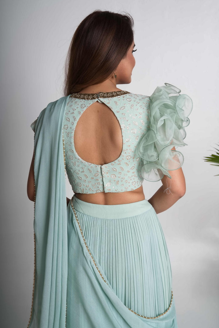 Aqua pleated lehenga saree set