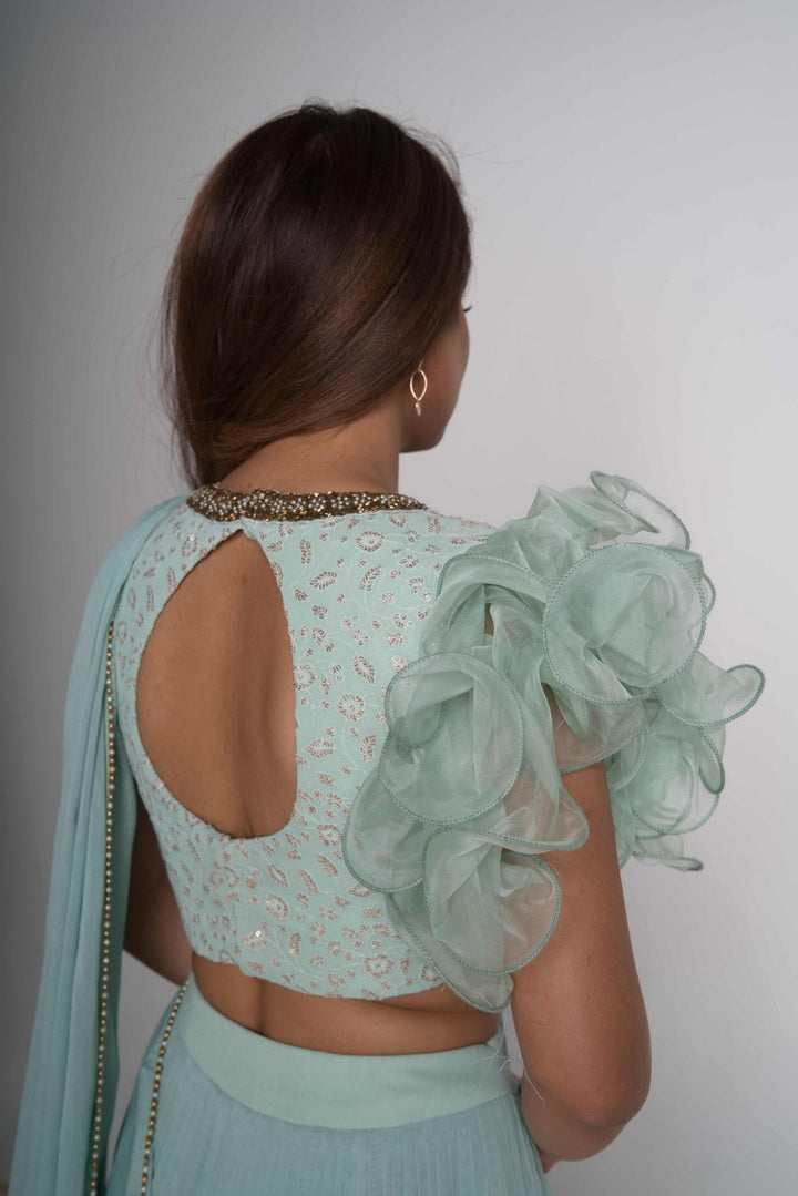 Aqua pleated lehenga saree set