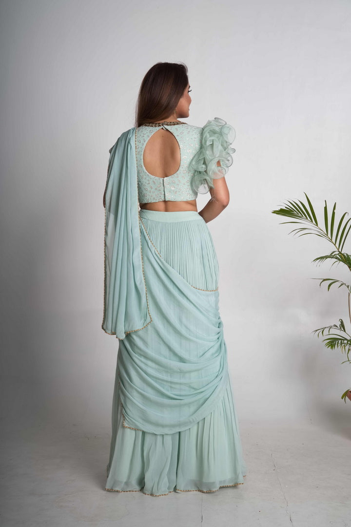 Aqua pleated lehenga saree set