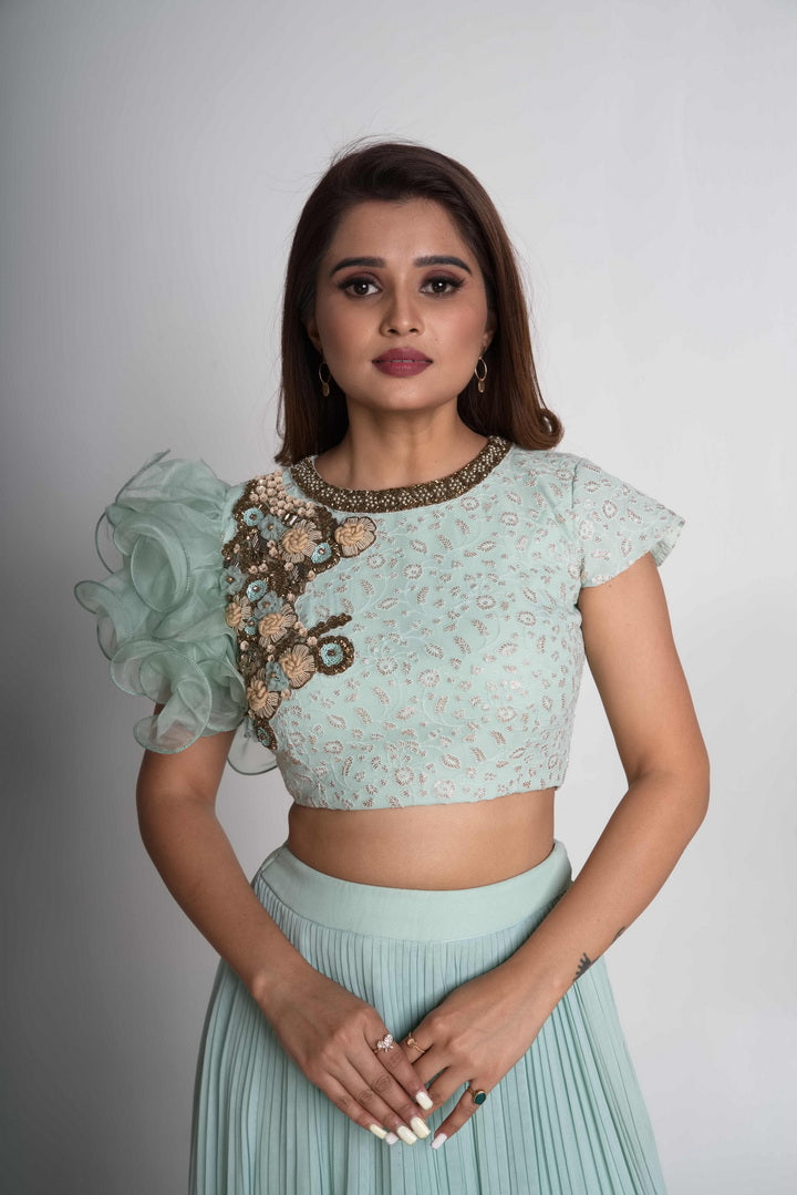 Aqua pleated lehenga saree set