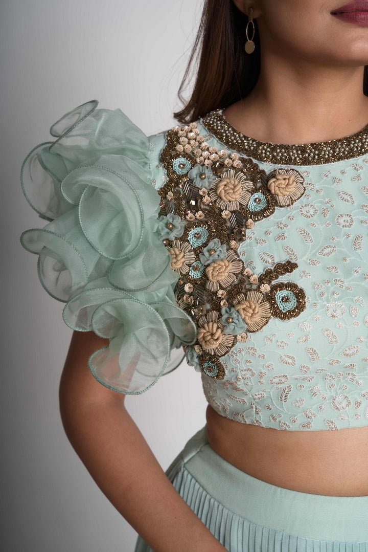 Aqua pleated lehenga saree set