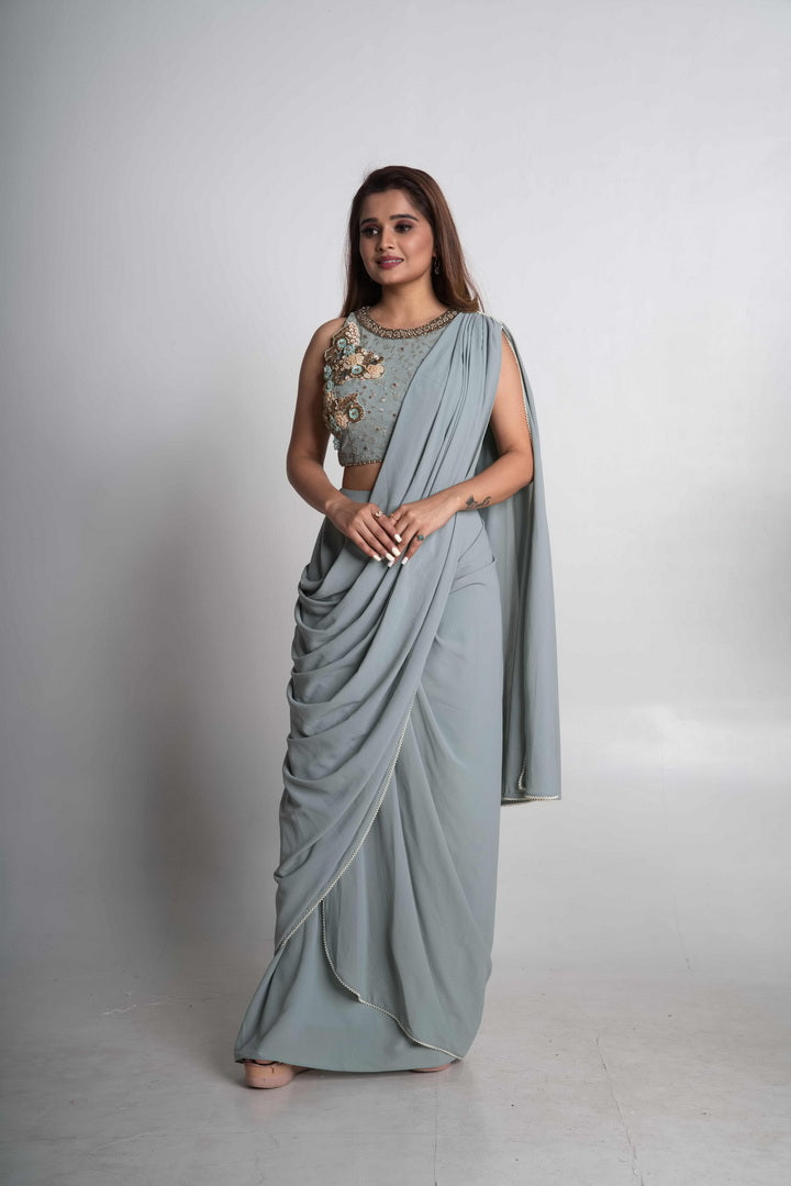Powder blue pre-draped saree set