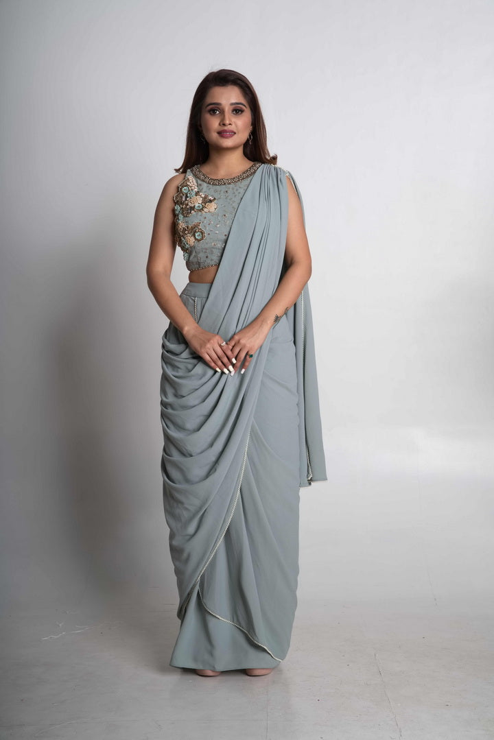 Powder blue pre-draped saree set
