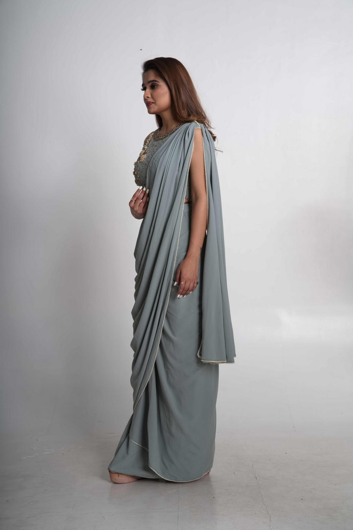 Powder blue pre-draped saree set