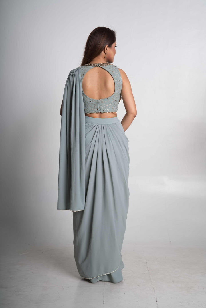 Powder blue pre-draped saree set