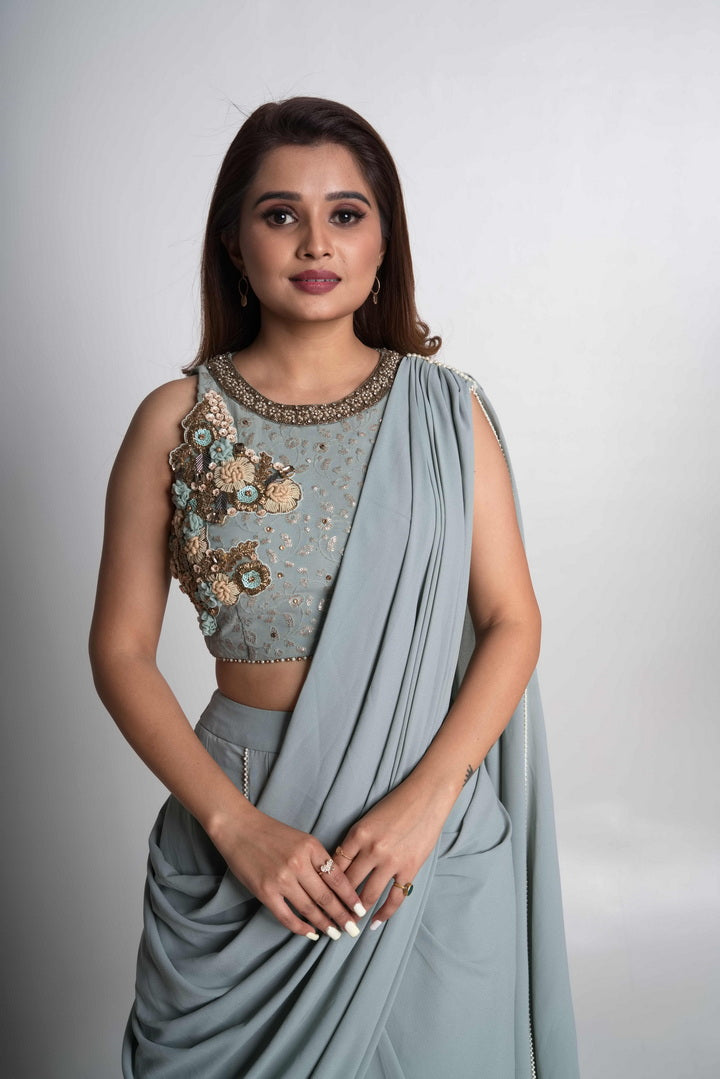 Powder blue pre-draped saree set