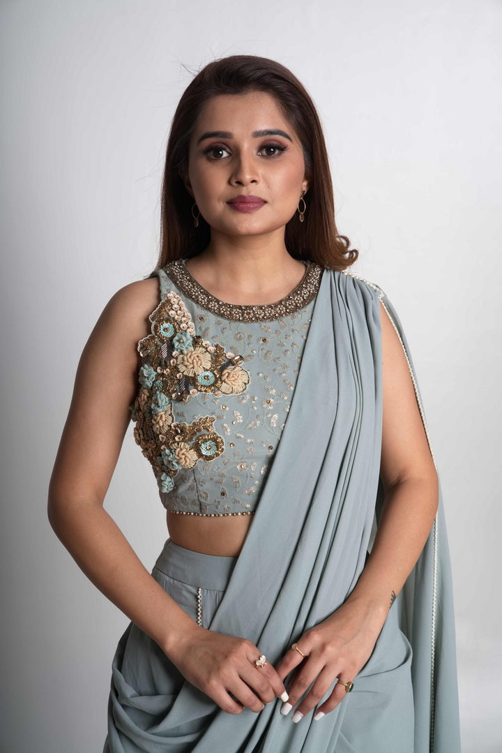 Powder blue pre-draped saree set