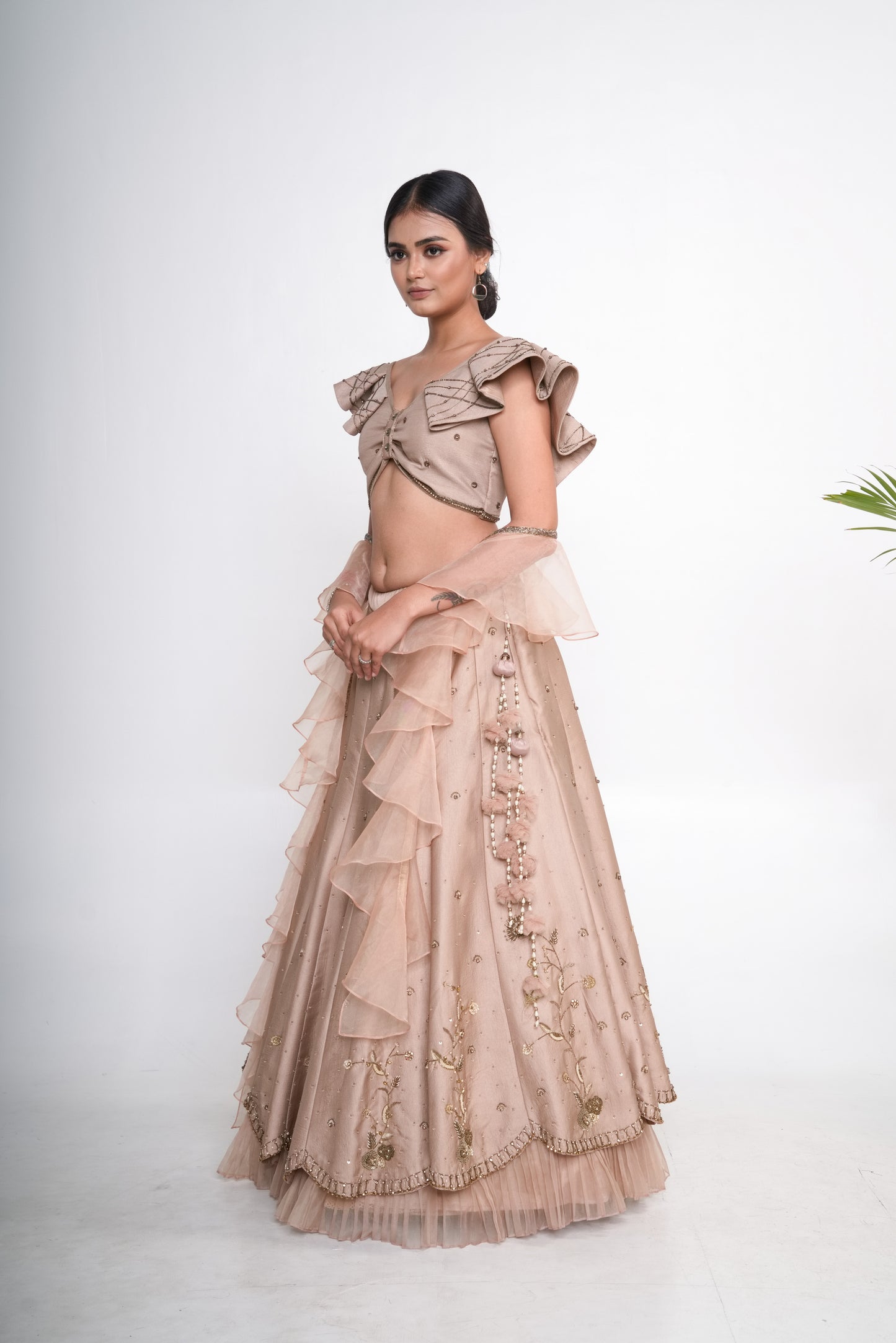 Gold lehenga set with ruffle organza dupatta
