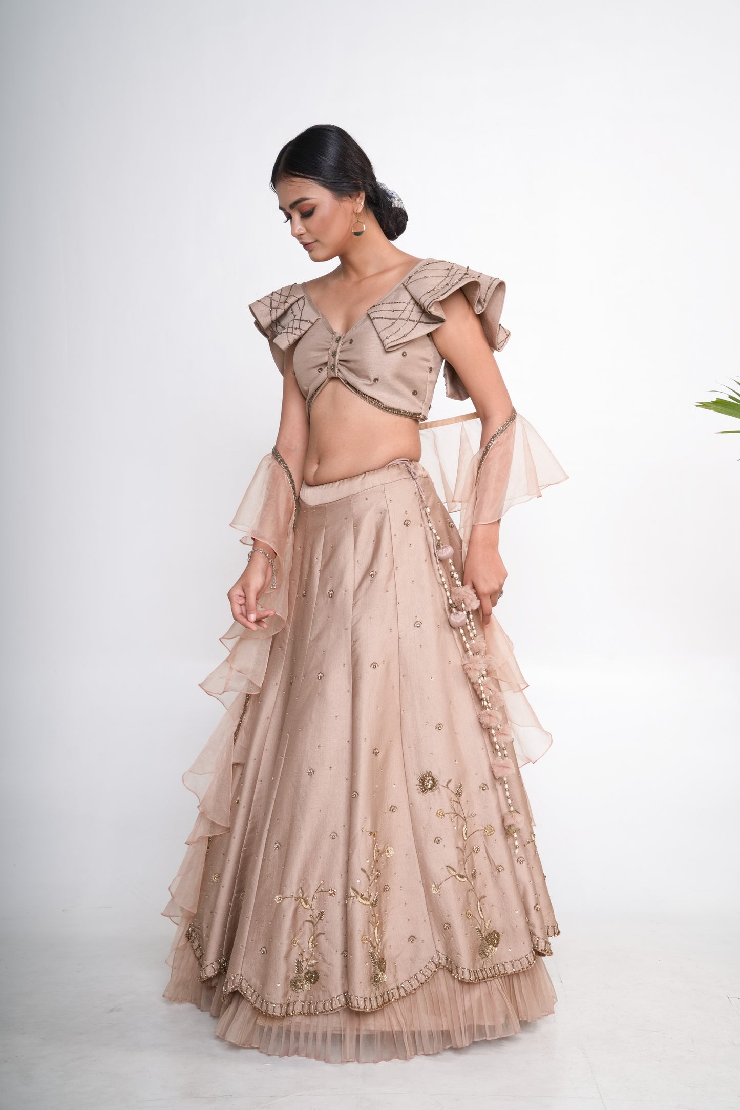 Gold lehenga set with ruffle organza dupatta