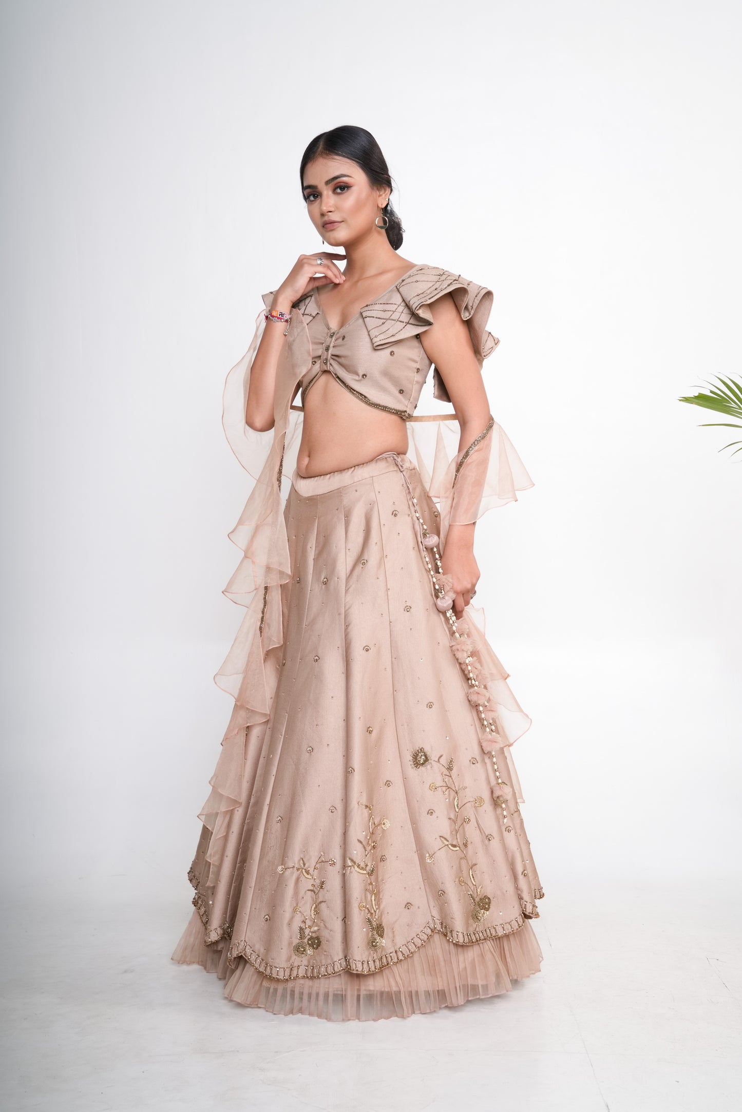 Gold lehenga set with ruffle organza dupatta
