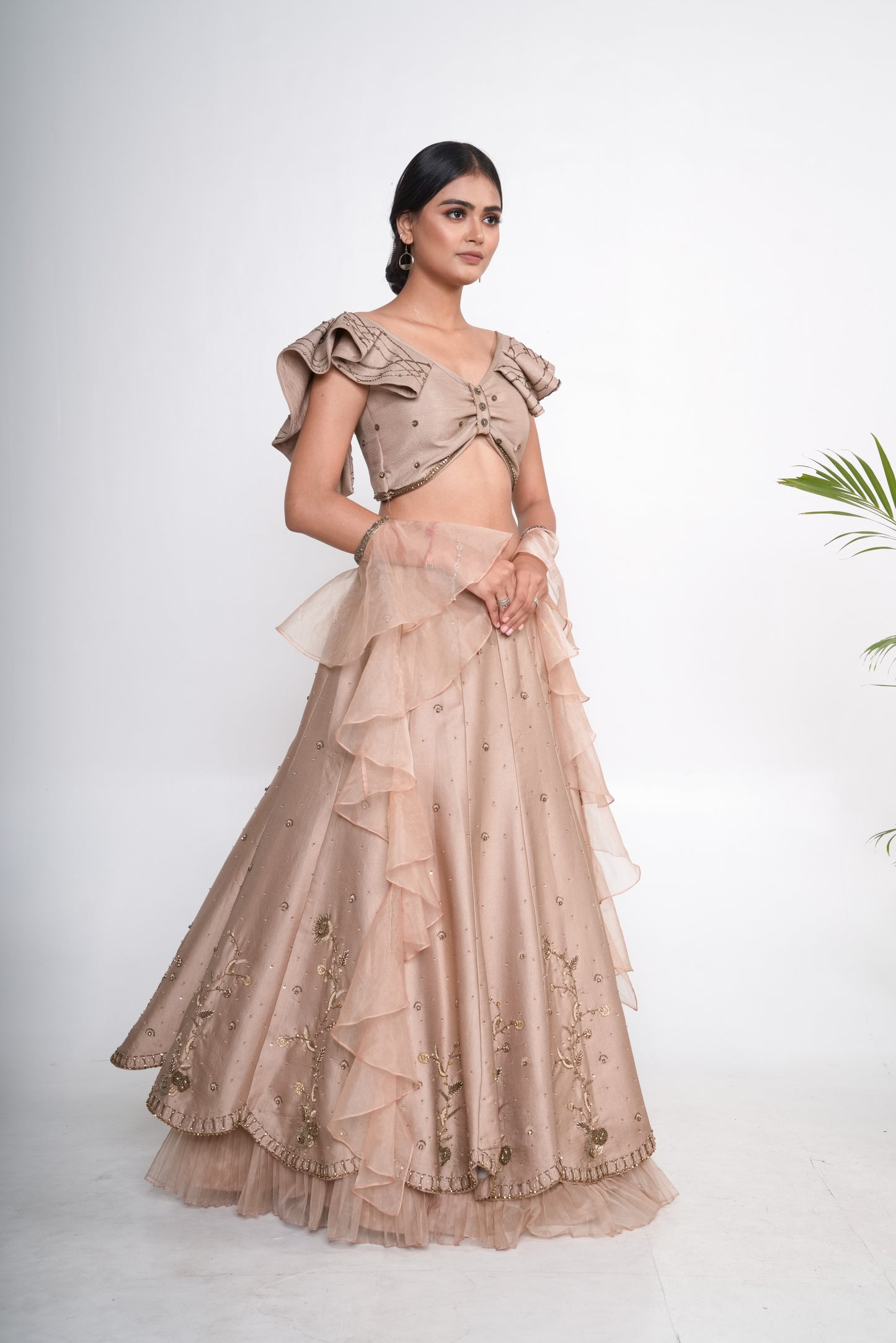 Gold lehenga set with ruffle organza dupatta