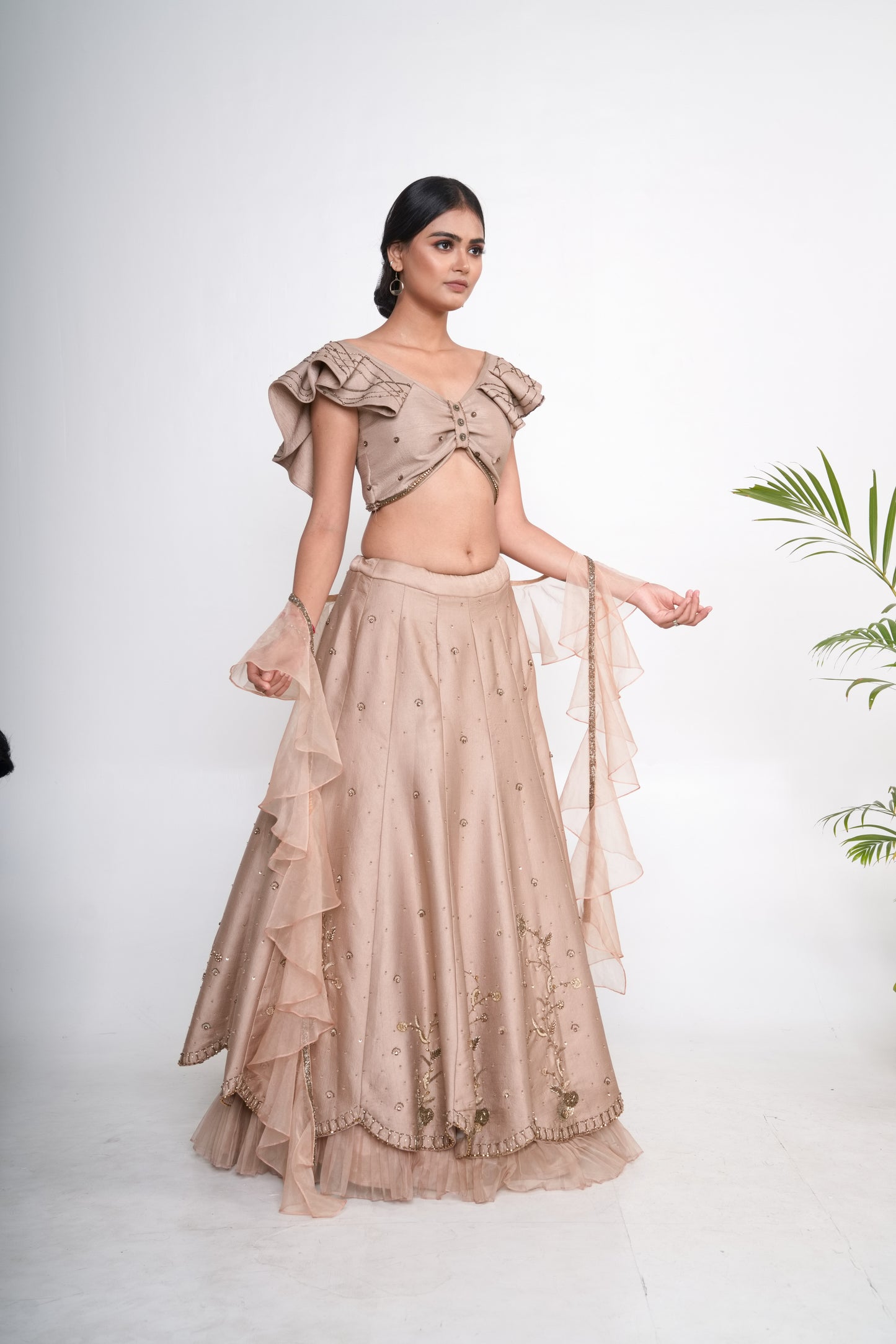 Gold lehenga set with ruffle organza dupatta