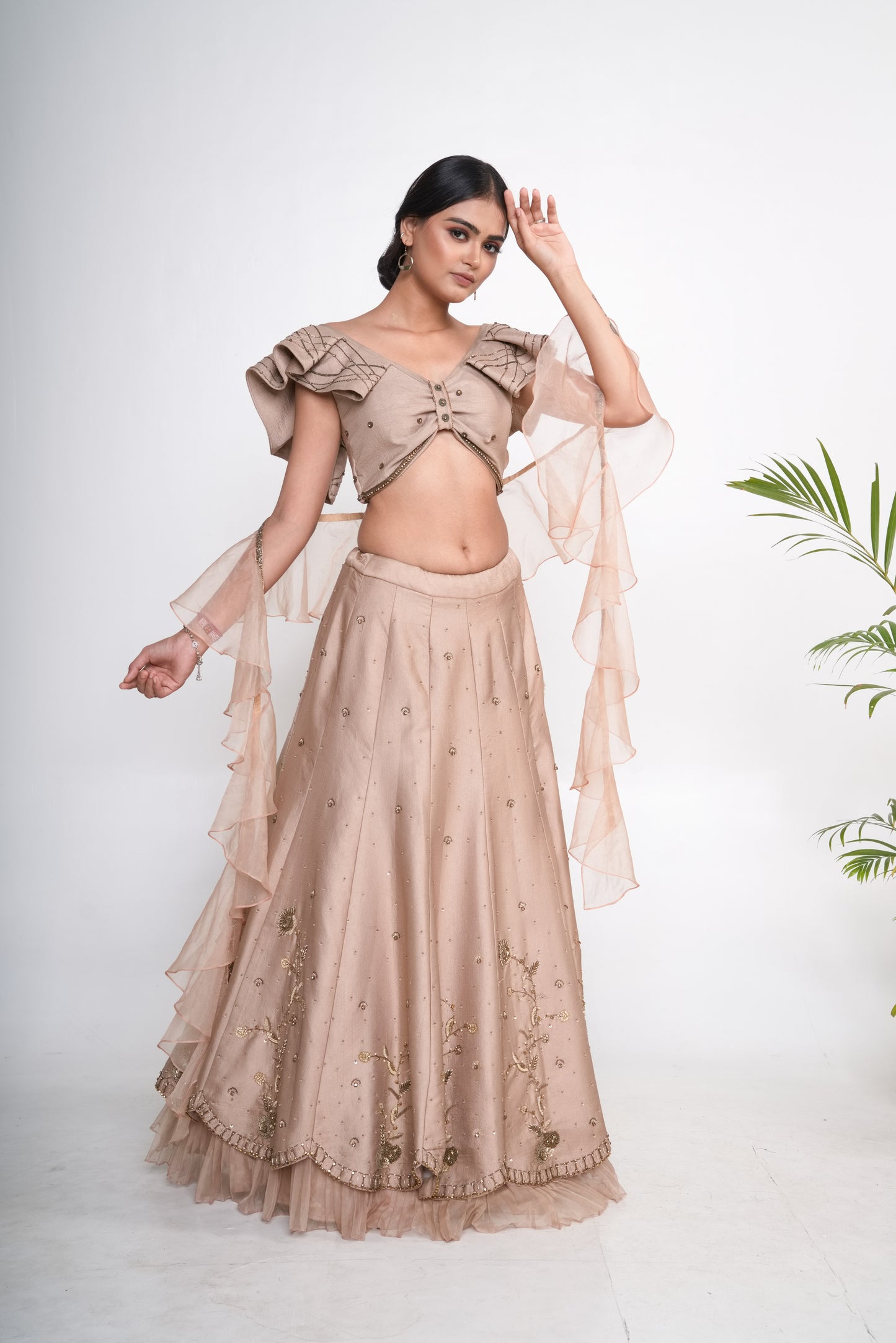Gold lehenga set with ruffle organza dupatta